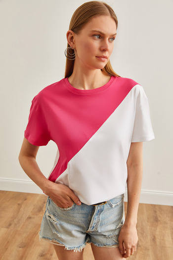 Olalook Women's Fuchsia White Asymmetrical Blocked T-Shirt TSH-19000350