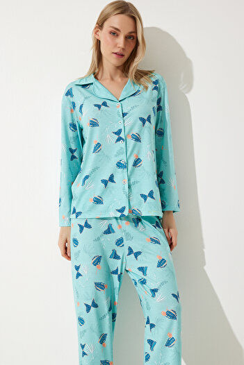 Happiness İstanbul Women's Aqua Green Patterned Shirt-Pants Knitted Pajama Set TK00092