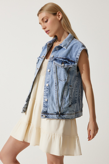 Happiness İstanbul Women's Medium Blue Zipper Detailed Premium Design Denim Vest VC00006