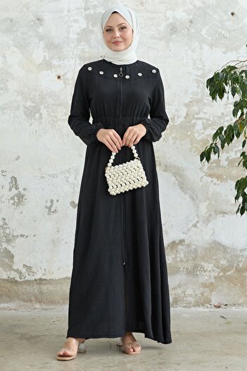 InStyle Black Ferace with Flower Pearl Robe and Elastic