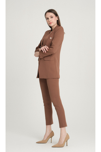 pembekurdelem Women's Blazer Jacket Belted Trousers Suit Brown