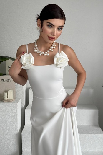 lovebox Dámský límeček Atlas Fabric bez ramínek Růžový doplněk Design Strappy Bílé Maxi večerní šaty 258