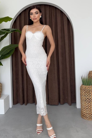 lovebox Women's Lined Lace Fabric Adjustable Strap Slit Detailed White Midi Evening Dress 257