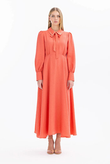 SEÇİL Women's Shirt Collar Bead Detailed Dress-Pomegranate Flower