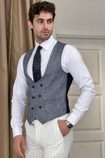 NAZEF Blue Double Breasted Wool Vest - Slim Fit and Self Pattern