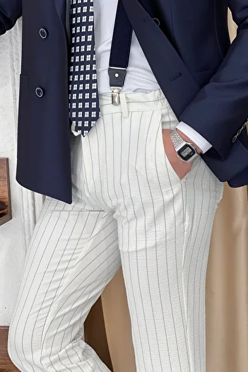 NAZEF Striped Seersucker Slim Fit Jogger Trousers