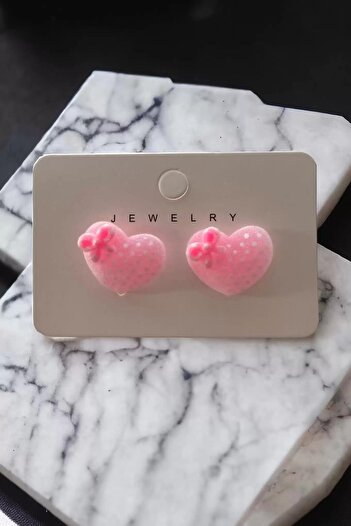 Stone Family Pink Color Heart Figure Earrings (Pair)