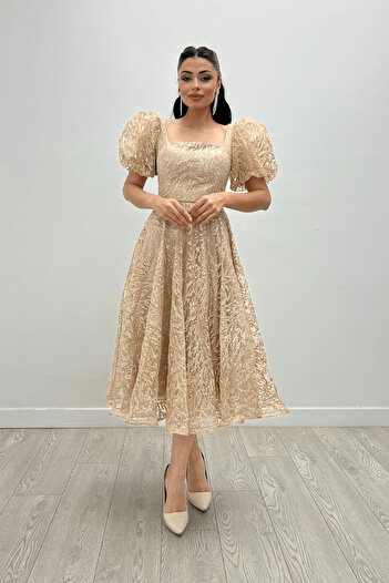 giyimmasalı Glitter Fabric Balloon Sleeve Midi Dress - GOLD