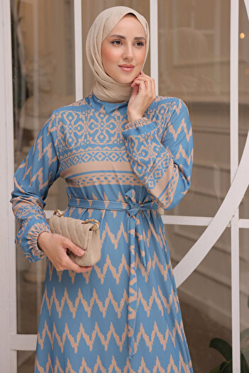 benguen Μπλε φόρεμα Hijab 12016 με σχέδια