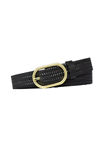 GoDeri %100 Hakiki Deri Gold Tokalı Örgü Desenli Siyah Ince Kadın Kemeri, 3 Cm=3cm-kdn-32