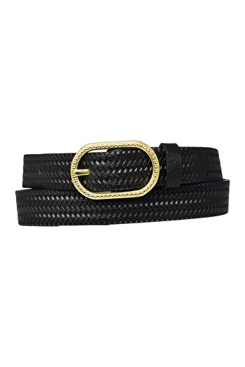GoDeri %100 Hakiki Deri Gold Tokalı Örgü Desenli Siyah Ince Kadın Kemeri, 3 Cm=3cm-kdn-32