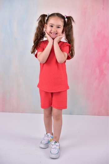 TUGSE Summer Girl's Ruffle Sleeve Ribbed Red Color Set with Shorts