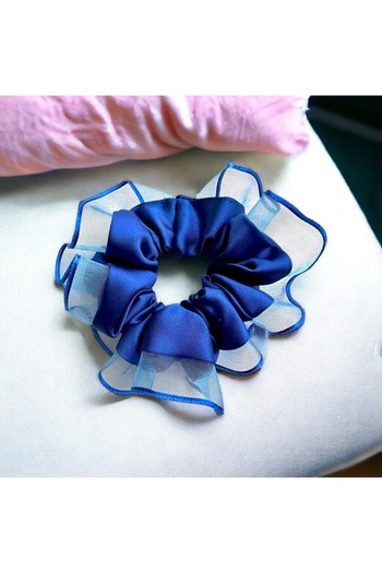 alsaccessories Scrunchie de damă, culoare albastră, cu margini din tul, cu cataramă de dimensiuni mari