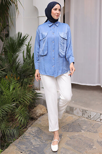 benguen Women's Big Pocket Detailed Shirt 2081 Blue