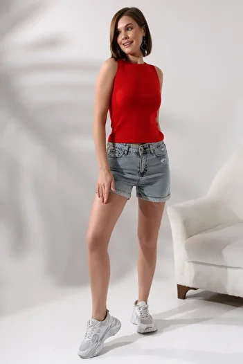 Endies Halter Collar Cotton Compact Combed Cotton Sleeveless Ribbed Tank Top 21561 Red