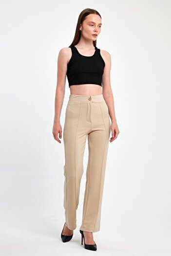ElitWear FRONT SEWING DETAIL ELASTIC WAIST STRETCH CREPE FABRIC GRASSED PALAZZO WOMEN'S PANT