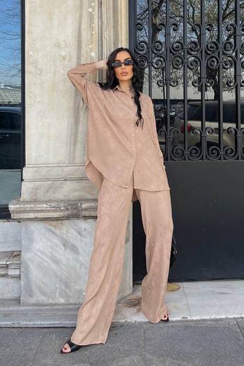 Ortaya Çık Beige Patterned Lower Top Jacquard Linen Fabric Set