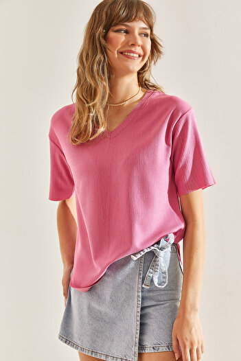 Bianco Lucci Women's V Neck Oval Cut Wrinkled Fabric Blouse60251094