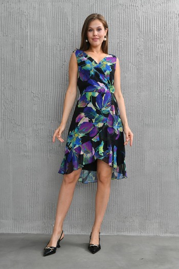 vuvutasarım Women's Lined Floral Patterned Chiffon Fabric Wrap Cut Double Breasted Collar Chiffon Dress 24Y2286