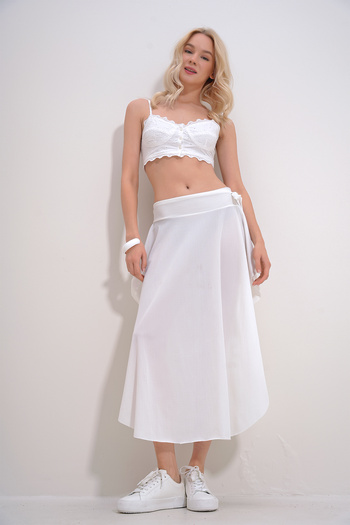 Trend Alaçatı Stili Women's White Asymmetrical Cut Waist Tie Skirt ALC-X5001