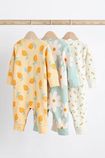 Next Baby % 100 Pamuklu Sarı Limon Çiçek Desenli 3’lü Tulum Set