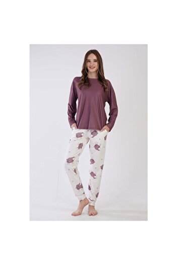 VİENETTA Women's Microwelsoft Marla Off Shoulder Long Sleeve Pajamas Set