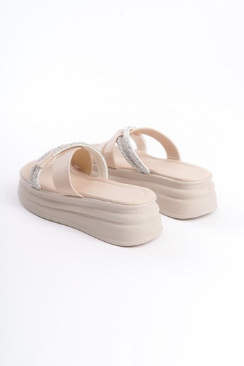 BZ Moda MILA Flat Heeled Stoned Cross Striped Thick and Orthopedic Sole Women's Slippers KT Cream