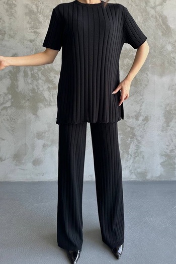 bayansepeti Crew Neck Short Sleeve Top and High Waist Wide Leg Pants Black Ribbed Knitwear Suit 1140