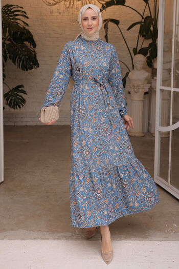 benguen Μπλε φόρεμα Hijab 12012 με λουλούδια