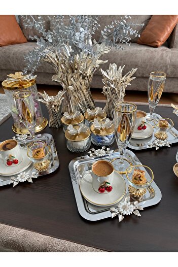 atabey home collection 6-Piece Coffee & Tea & Presentation Tray Steel Silver Tray CHAMOMILE Model