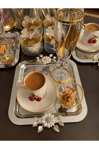 atabey home collection 6'lı Kahve & Çay & Sunum Tepsisi Çelik Gümüş Tepsi PAPATYA Model