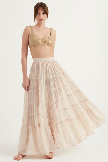 SUBU TASARIM Long Chiffon Skirt - Layered, Off-White, Model 4020