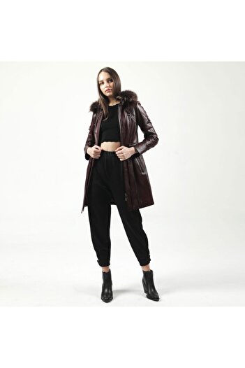 Dericlub 2134/k Bordo Kapşonlu Kadın Deri Kaban