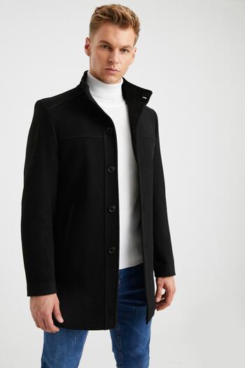 DYNAMO Men's Black Quilted Lined Wool Blended Cashmere Coat