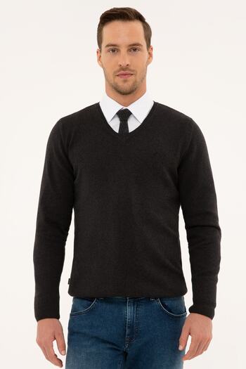 Pierre Cardin Men's Anthracite Melange Slim Fit V-Neck Basic Knitwear Sweater G021SZ0TK.000.1171062