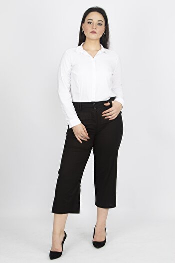 Şans Women's Large Size Black Ornamental Pocket Capri Trousers 65n19370