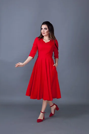 Bidoluelbise Women's Red Midi Length Pocket Detailed V-Neck Dress