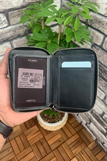 GUARD Mini Fermuarlı Antik Siyah Deri Cüzdan