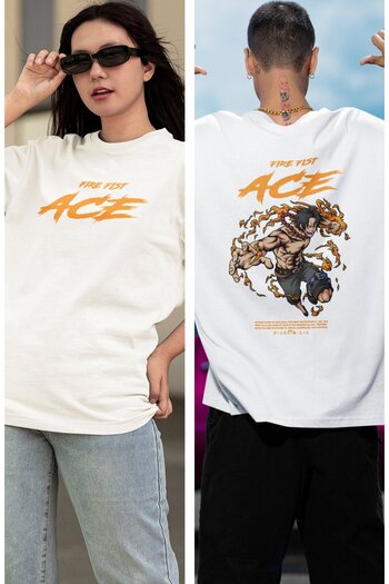 Fuddy Moda Oversize One Piece Fire Fist Ace Back Printed T-shirt, Unisex Anime Printed T-shirt