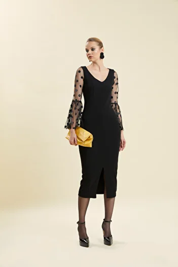 VERDA V-Neck Polka Dot Evening Dress - Flounce Sleeves and Front Slit Dress