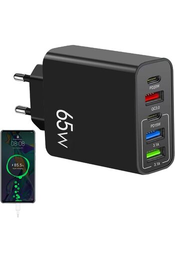 ROGGER 65W Şarj Cihazı, Hızlı Şarj Adaptörü, 2type c PD + 3USB Hafif Taşınabilir Çok Fonksiyonlu