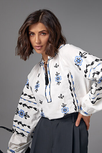 FEMELLE Women's White Tasseled Complete Embroidery Embroidered Cotton Blouse