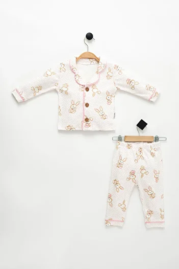 NEU KIDS Cute Rabbit Patterned Long Sleeve Baby Collar 100% Cotton Pajama Set for 1-4 Years Old Girls