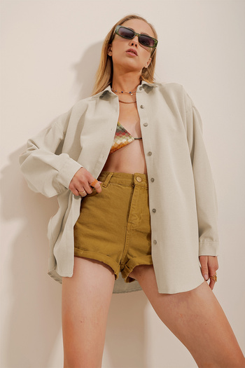 Trend Alaçatı Stili Damska lniana koszula oversize w kolorze beżowym ALC-X10343