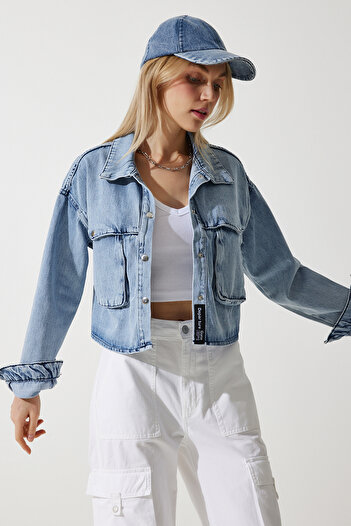 Happiness İstanbul Women's Medium Blue Wide Pocket Denim Jacket RV00187