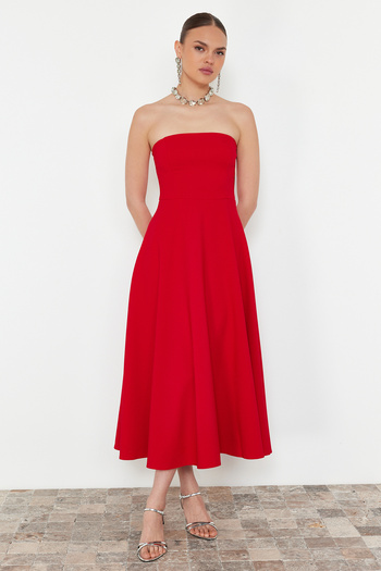 Trendyol Collection Red A-Line Strapless Woven Stylish Evening Dress Tprss24El00139