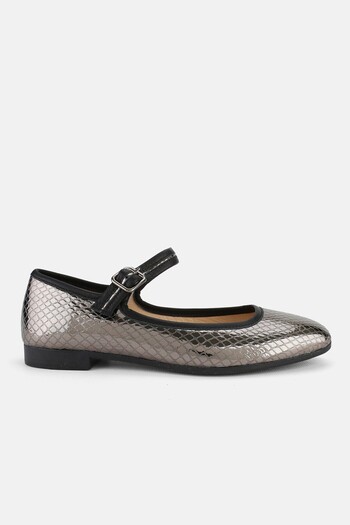 TUNAELLİ Black Nickel Leather Women's Ballerinas - Number 34-35-41-42 with Ankle Strap
