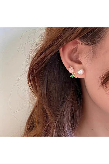 Takıtolia Rosella - Gold Colored Pearl Stone Rose Figured Stylish Design Earrings