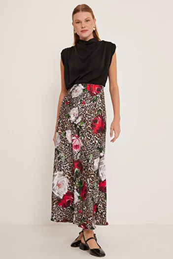 Bigdart Red Black Patterned Women's Satin Skirt - 15877