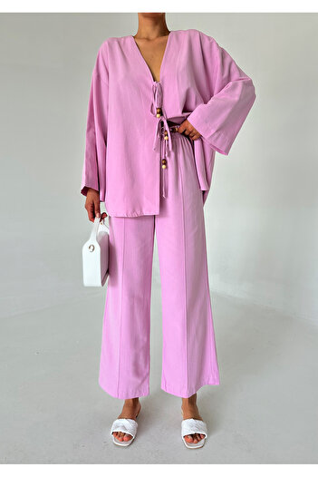 Laluvia Linen Kimono Set - Pink Bead Detailed